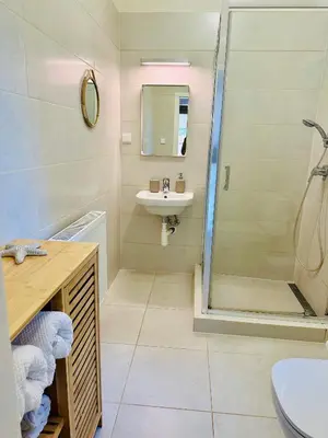 a bathroom with a shower and a sink at Nature Nest in Prague