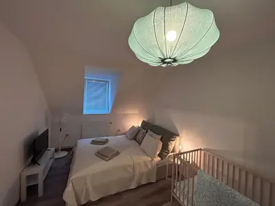a bedroom with a bed and a chandelier at U Drahusky in Prague