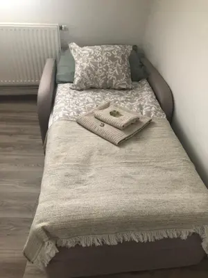 a bed with a blanket and two towels on it at U Drahusky in Prague