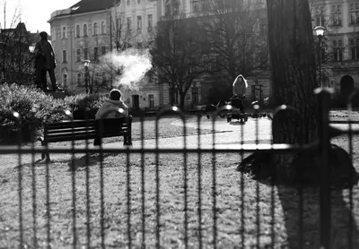 a man sitting on a bench in a park at Green Park View apartment in Prague
