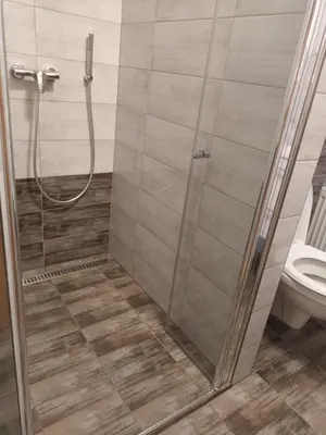a shower stall in a bathroom with a toilet at Byt v řadovém domě in Sadská