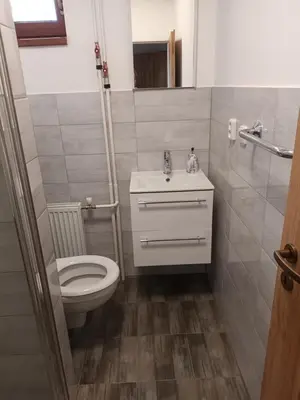a bathroom with a toilet and a sink at Byt v řadovém domě in Sadská