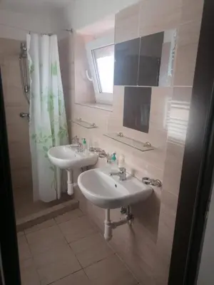 a bathroom with two sinks and a shower at Ubytování Louny in Louny