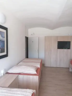 a bedroom with two beds and a tv on the wall at Ubytování Louny in Louny