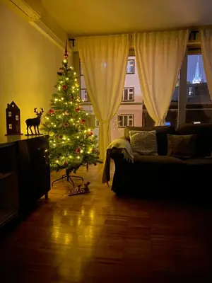 a christmas tree in a living room with a couch at Spacious Apartment near City Center with Balcony and Garage Parking in Prague