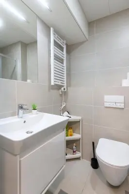 a bathroom with a white sink and a toilet at Studio Mozart, Free Onsite Parking, Air Conditioning, 1Gbs WiFi in Prague