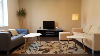 a living room with a couch and a tv at Family House in Spa Town Podebrady with Garden in Poděbrady
