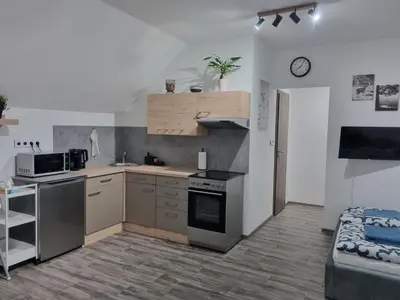 a kitchen with stainless steel appliances and a bed at Apartmán Pod Hrází Chráštany in Benešov