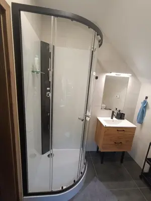 a bathroom with a shower and a sink at Apartmán Pod Hrází Chráštany in Benešov