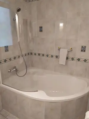 a white bath tub in a bathroom with a shower at Hotel Sanssouci in Prague