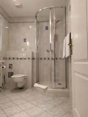 a bathroom with a shower and a toilet at Hotel Sanssouci in Prague