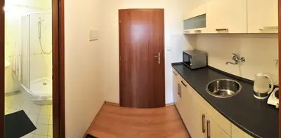 a kitchen with a sink and a bathroom with a shower at Economic Hotel Svoboda in Rakovník