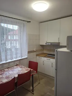 a small kitchen with a table and a refrigerator at Komárov Apartment 2 in Komárov