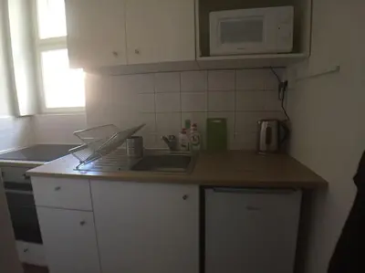 a kitchen counter with a sink and a microwave at STYLISH FLAT IN PRAGUE - Vinohrady in Prague