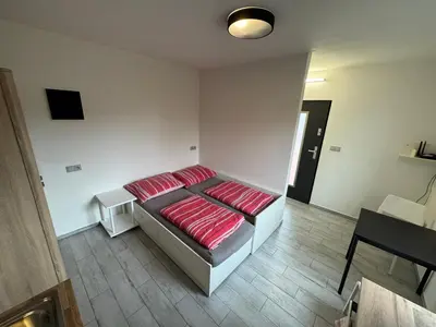 a room with a bed with red pillows in it at U tří koček in Herink