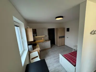 a small apartment with a kitchen and a table and chairs at U tří koček in Herink