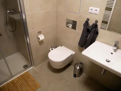 a bathroom with a toilet and a sink and a shower at Charming apartment with a balcony in a great location in Prague