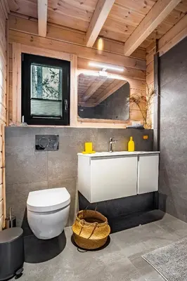 a bathroom with a toilet and a sink at Finskä chata in Samopše