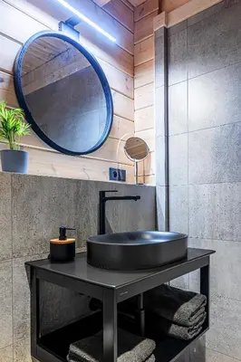 a bathroom with a black sink and a mirror at Finskä chata in Samopše