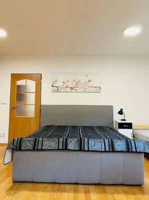a large bed in a bedroom with a door at Family-Friendly Prague 5 Stay in Prague
