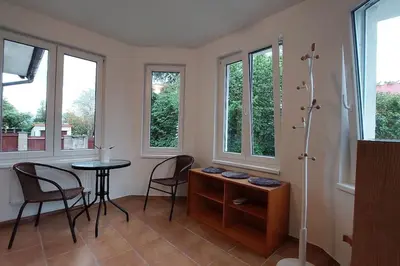 a room with a table and chairs and windows at Klasický dům, 5 ložnic , 5 bedrooms, Praha in Prague
