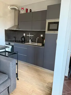 a kitchen with blue cabinets and a sink at Garden Towers Apartment in Prague Center in Prague
