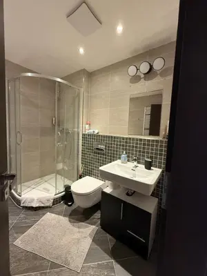 a bathroom with a shower and a toilet and a sink at Garden Towers Apartment in Prague Center in Prague