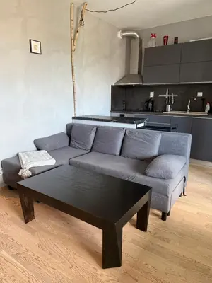 a living room with a couch and a coffee table at Garden Towers Apartment in Prague Center in Prague