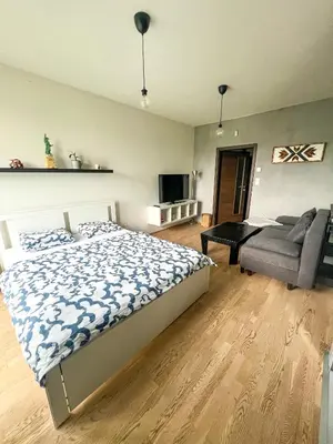 a bedroom with a bed and a couch at Garden Towers Apartment in Prague Center in Prague