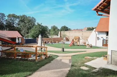 a yard with a playground and a play structure at Vítovský statek in Žižice