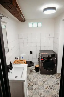 a bathroom with a toilet and a washing machine at Vítovský statek in Žižice