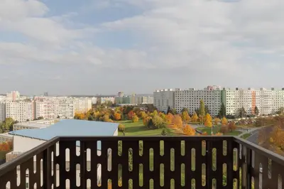 a view of a city from a balcony at Good Vibe Studio near Metro - Garage, Air-Conditioning, Vinyl player in Prague
