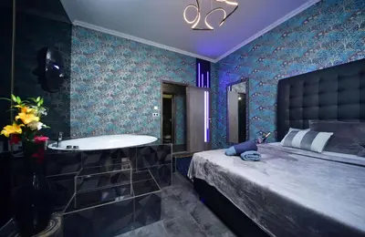 a bedroom with a large bed and a bath tub at TF Wellness in Prague
