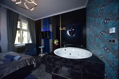 a bathroom with a bath tub and a bed at TF Wellness in Prague
