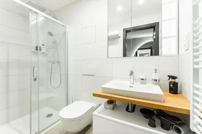 a white bathroom with a sink and a shower at Manažerské bydlení - ROHAN CITY in Prague