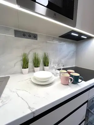 a kitchen counter with plates and glasses and plants at Apartment in the center on Sokolska street in Prague