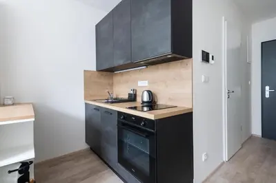 a kitchen with black cabinets and a sink at Central Tiny Flat, 1GB WiFi, SMART TV, Air Condition in Prague