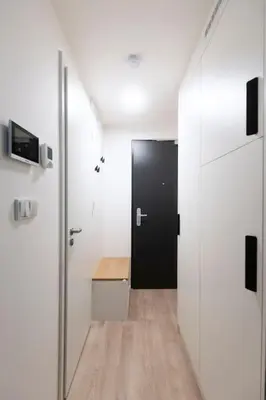 a hallway with a black door and a wooden floor at Central Tiny Flat, 1GB WiFi, SMART TV, Air Condition in Prague