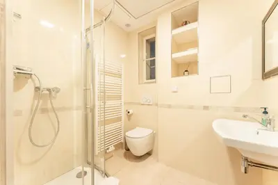 a bathroom with a shower and a toilet and a sink at Rentero Apartment, 10 minutes Wenceslas Square, Prague in Prague
