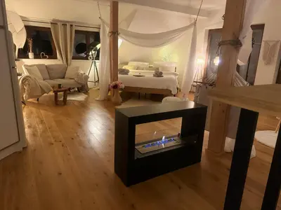 a living room with a bed and a fireplace at STUDIO KRÁLOVICE Apartment in Prague