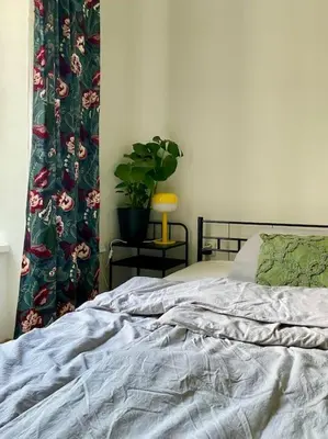 a bedroom with a bed with a curtain and a plant at Cute botanical flat near by Žižkov tower in Prague