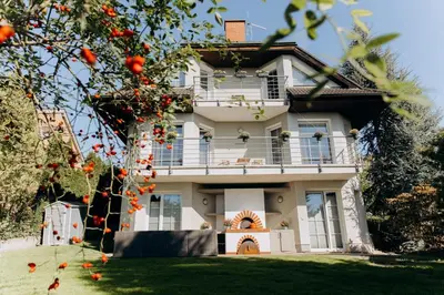 a large white house with a tree in front of it at DiamondVilla, 4 bedroom Apartment, garden & spa in Prague