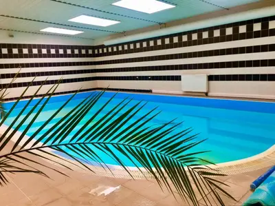 a swimming pool with a palm plant in a room at DiamondVilla, 4 bedroom Apartment, garden & spa in Prague
