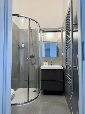 a bathroom with a shower and a sink and a toilet at Apartment by Charles Bridge in Prague