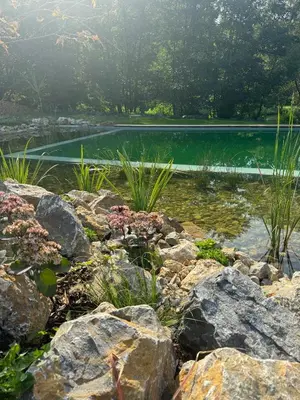 a pool of water with rocks and plants at Glamping Osada in Hyskow