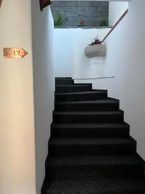 a staircase in a house with a plant on the wall at Penzion Kopanský mlýn in Statenice