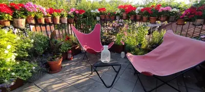 a patio with two chairs and a lot of flowers at Guestrooms, rooftop with garden, spacious living room, character and fireplace in Prague