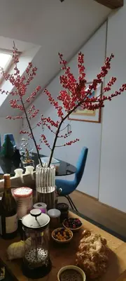 a table with a vase with red flowers in it at Guestrooms, rooftop with garden, spacious living room, character and fireplace in Prague