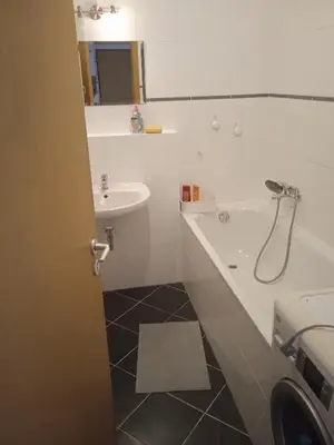a bathroom with a sink and a bath tub and a sink at Byt Vinoř in Prague