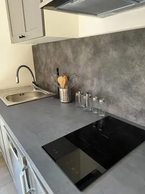 a kitchen with a sink and a black counter top at Apartmán 1 Jägerhaus in Radovesice